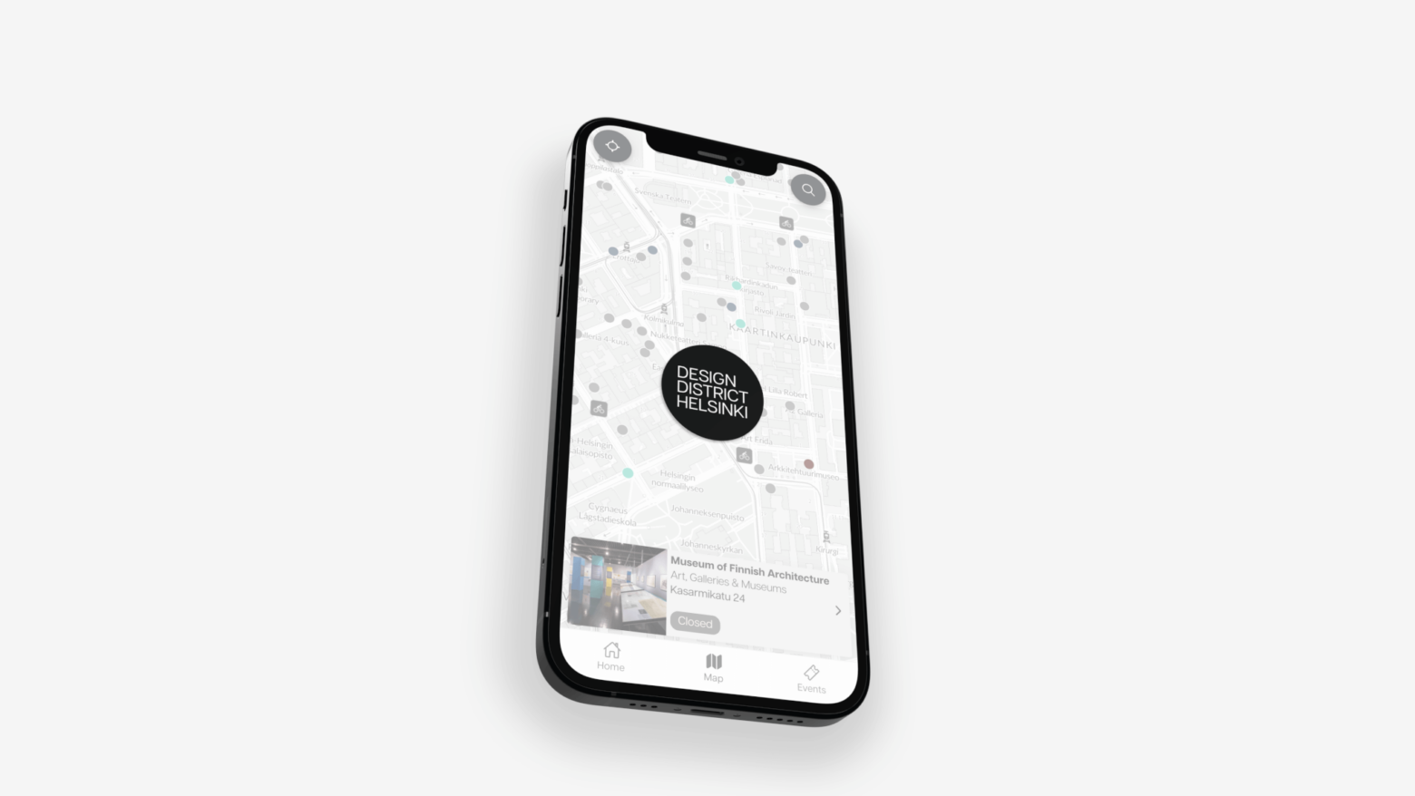 Screenshot of the Design District Helsinki mobile application