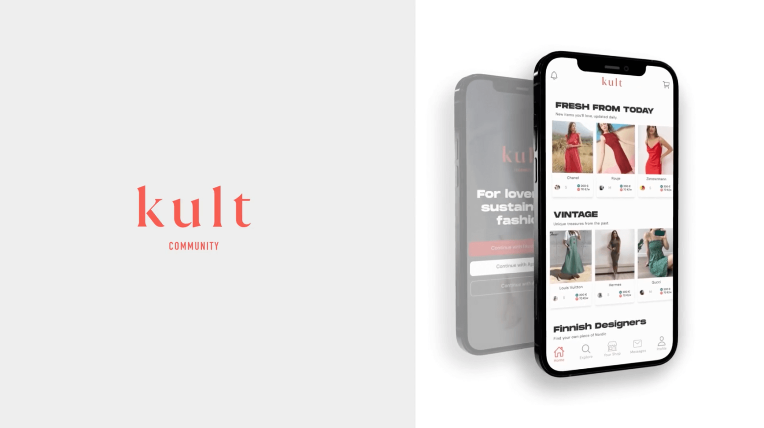 Screenshots of different pages of the Kult Community mobile application.